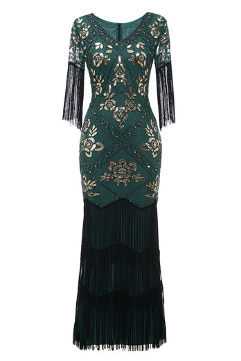 Schwarzes langes 20er Jahren Charleston Kleid mit V-Ausschnitt Pailletten und Fransen