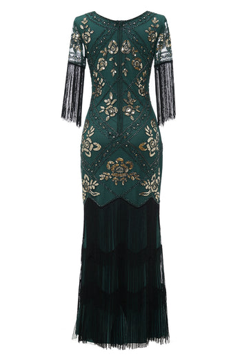 Schwarzes langes 20er Jahren Charleston Kleid mit V-Ausschnitt Pailletten und Fransen