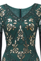 Laden Sie das Bild in den Galerie-Viewer, Schwarzes Langes 20er Jahren Charleston Kleid mit V-Ausschnitt Pailletten und Fransen