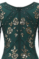 Laden Sie das Bild in den Galerie-Viewer, Schwarzes Langes 20er Jahren Charleston Kleid mit V-Ausschnitt Pailletten und Fransen