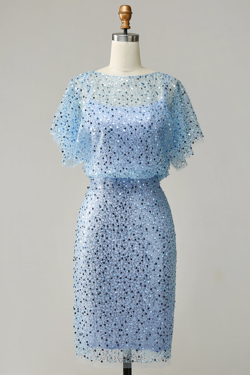 Laden Sie das Bild in den Galerie-Viewer, Grau Blau Pailletten Bodycon Kleid für Hochzeitsgäste