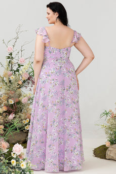 Lila Brautjungfernkleid mit Blumendruck in Übergröße
