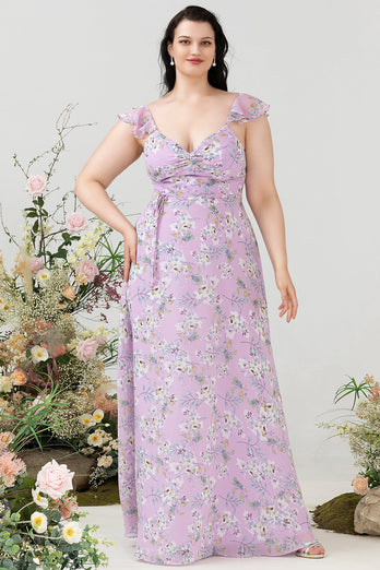 Lila Brautjungfernkleid mit Blumendruck in Übergröße