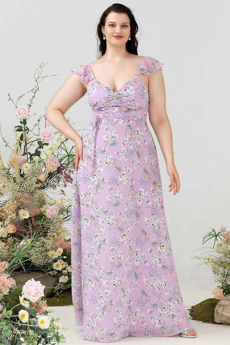 Laden Sie das Bild in den Galerie-Viewer, Lila Brautjungfernkleid mit Blumendruck in Übergröße