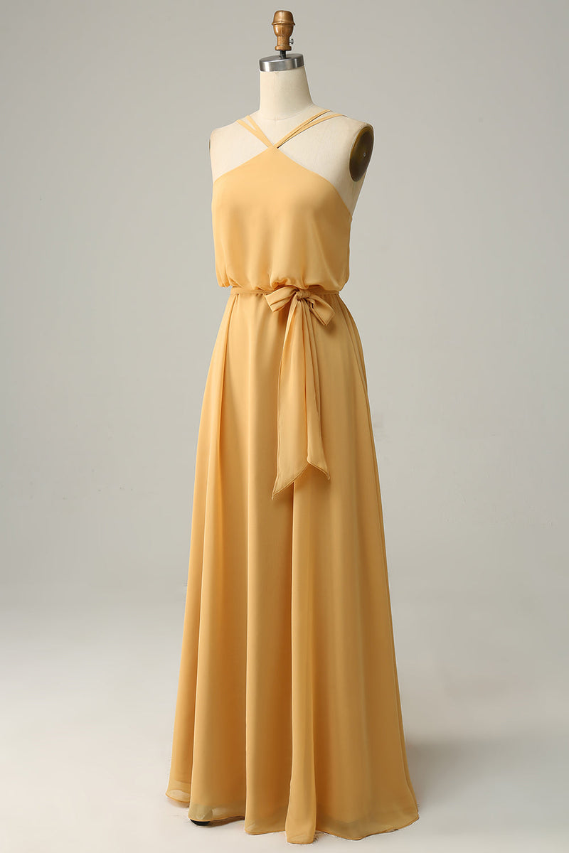 Laden Sie das Bild in den Galerie-Viewer, A Linie Neckholder Gelbes langes Brautjungfernkleid mit Schleife