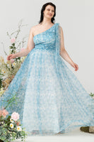 Laden Sie das Bild in den Galerie-Viewer, Blaues Eine Schulter Übergröße Brautjungfernkleid