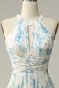 Laden Sie das Bild in den Galerie-Viewer, Blaues geblümtes Boho Chiffon Brautjungfernkleid