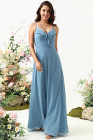 Laden Sie das Bild in den Galerie-Viewer, A Linie Spaghettiträger Grau Blau Langes Brautjungfernkleid mit Schnürung