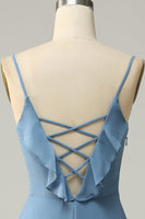 Laden Sie das Bild in den Galerie-Viewer, A Linie Spaghettiträger Grau Blau Langes Brautjungfernkleid mit Rüschen