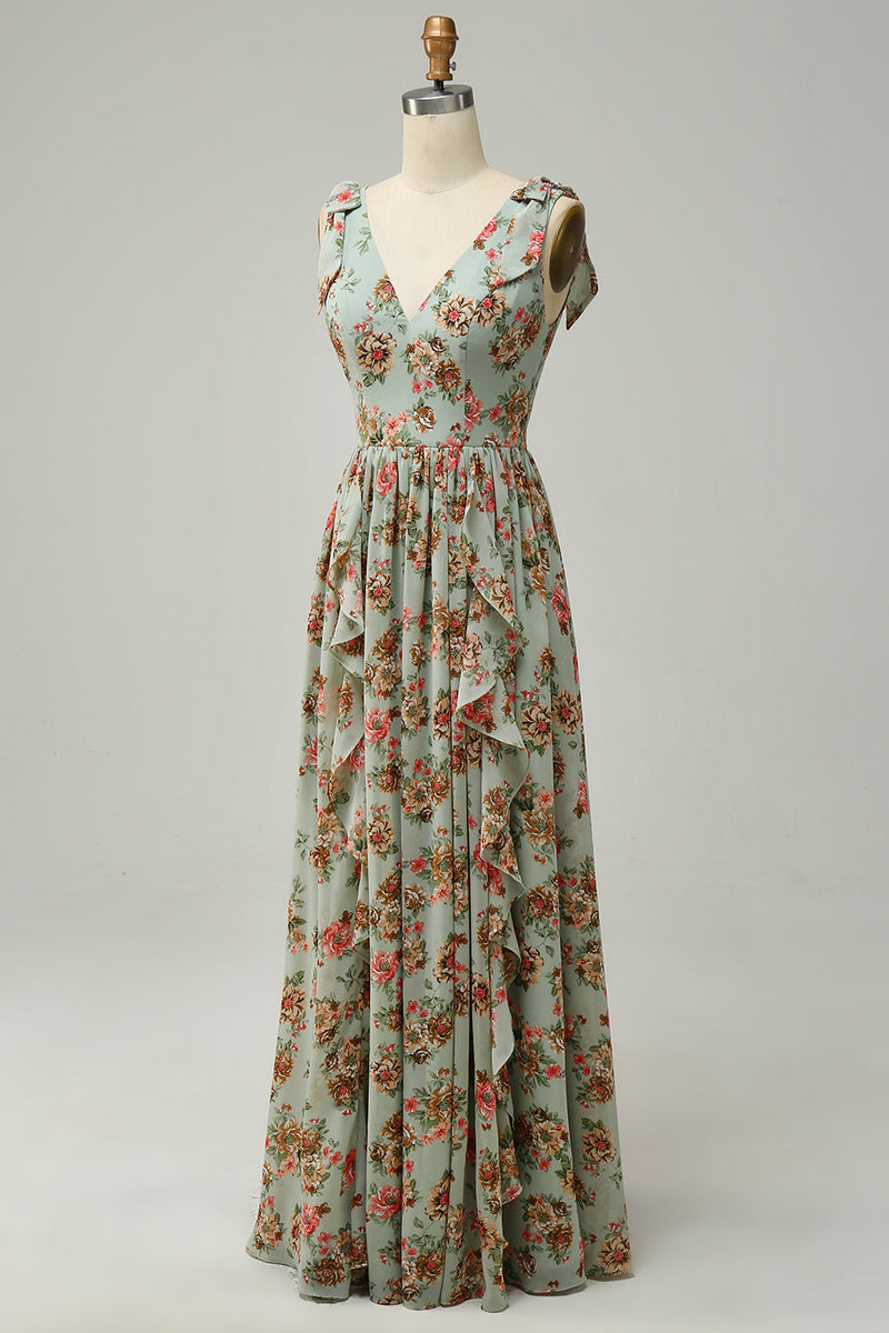 Laden Sie das Bild in den Galerie-Viewer, Langes langes Brautjungfernkleid mit V-Ausschnitt und grünem Blumendruck