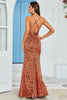 Laden Sie das Bild in den Galerie-Viewer, Orange Meerjungfrau Rückenfreies langes bedrucktes Hochzeitsgastkleid