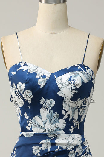 Teelänge Tintenblaues Brautjungfernkleid mit Blumenmuster