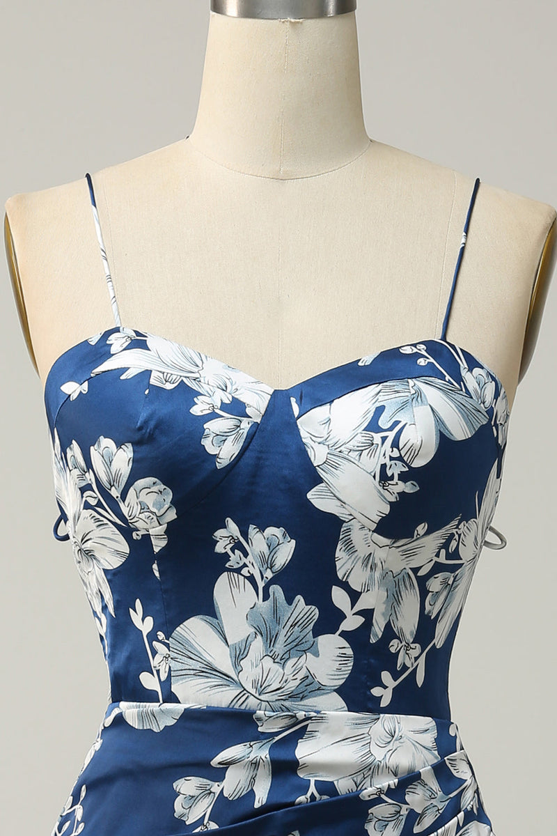 Laden Sie das Bild in den Galerie-Viewer, Teelänge Tintenblaues Brautjungfernkleid mit Blumenmuster
