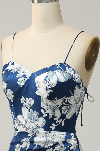 Teelänge Tintenblaues Brautjungfernkleid mit Blumenmuster