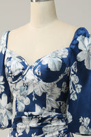 Laden Sie das Bild in den Galerie-Viewer, Tintenblaues Brautjungfernkleid mit Blumenmuster und Ärmeln