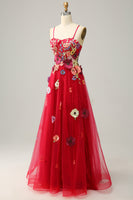 Laden Sie das Bild in den Galerie-Viewer, A Linie Spaghetti Träger Burgundy Langes Ballkleid mit Applikationen