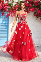 Laden Sie das Bild in den Galerie-Viewer, A Linie Spaghetti Träger Burgundy Langes Ballkleid mit Applikationen