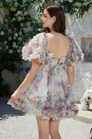 Laden Sie das Bild in den Galerie-Viewer, Trendiges A-Linie Elfenbein Blumendruck Kurzes Tüll Cocktailkleid mit kurzen Ärmeln