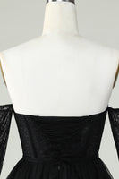 Laden Sie das Bild in den Galerie-Viewer, A-Linie schulterfreies Schwarzes Korsett Cocktailkleid mit langen Ärmeln
