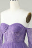 Laden Sie das Bild in den Galerie-Viewer, Schulterfreies lila Korsett Cocktailkleid mit langen Ärmeln