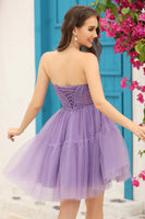 Laden Sie das Bild in den Galerie-Viewer, Lila Korsett Abnehmbares langärmeliges A-Linie Abiballkleid