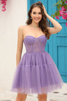 Laden Sie das Bild in den Galerie-Viewer, Lila Korsett Abnehmbares langärmeliges A-Linie Abiballkleid