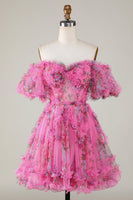 Laden Sie das Bild in den Galerie-Viewer, Wunderschönes schulterfreies Cocktailkleid aus staubigem rosa Tüll mit kurzen Ärmeln