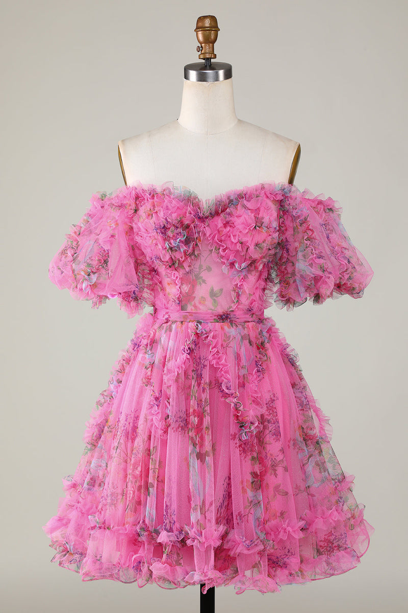 Laden Sie das Bild in den Galerie-Viewer, Wunderschönes schulterfreies Cocktailkleid aus staubigem rosa Tüll mit kurzen Ärmeln