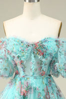 Laden Sie das Bild in den Galerie-Viewer, Schulterfreies grünes Tüll Abiballkleid mit kurzen Ärmeln