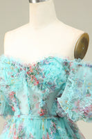 Laden Sie das Bild in den Galerie-Viewer, Schulterfreies grünes Tüll Abiballkleid mit kurzen Ärmeln