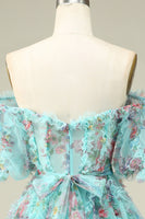 Laden Sie das Bild in den Galerie-Viewer, Schulterfreies grünes Tüll Abiballkleid mit kurzen Ärmeln