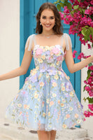 Laden Sie das Bild in den Galerie-Viewer, Blaues Korsett A-Linie Kurzes Cocktailkleid mit 3D-Blumen