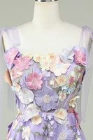 Laden Sie das Bild in den Galerie-Viewer, A Linie Spaghetti-Träger Lila Tee Länge Abschlussballkleid mit 3D-Blumen