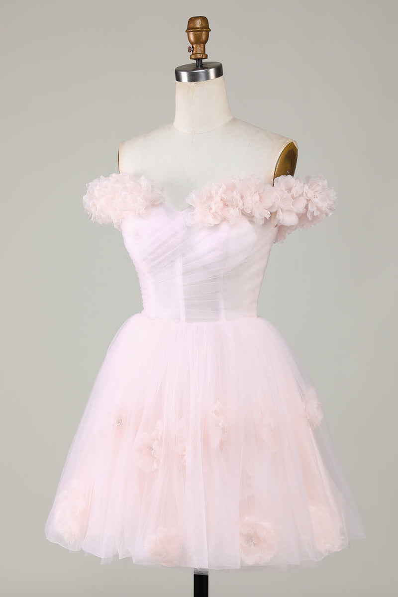 Laden Sie das Bild in den Galerie-Viewer, Niedliches schulterfreies rosa kurzes Cocktailkleid mit Blumen