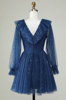Laden Sie das Bild in den Galerie-Viewer, Marineblaues kurzes Cocktailkleid mit tiefem V-Ausschnitt und Rüschen
