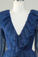 Laden Sie das Bild in den Galerie-Viewer, Marineblaues kurzes Cocktailkleid mit tiefem V-Ausschnitt und Rüschen