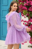 Laden Sie das Bild in den Galerie-Viewer, Marineblaues kurzes Cocktailkleid mit tiefem V-Ausschnitt und Rüschen