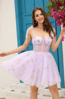 Laden Sie das Bild in den Galerie-Viewer, A-Linie Spaghetti Träger Schwarzes Kurzes Cocktailkleid mit Applikationen