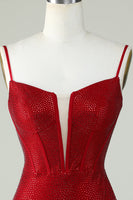 Laden Sie das Bild in den Galerie-Viewer, Mantel Spaghettiträger Rotes kurzes Abiballkleid mit Perlen