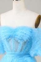 Laden Sie das Bild in den Galerie-Viewer, Niedliches A-Linie Blaues Tüll Schulterfreies kurzes Cocktailkleid