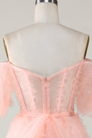 Laden Sie das Bild in den Galerie-Viewer, Niedliches A-Linie Blush Tüll Schulterfreies kurzes Cocktailkleid