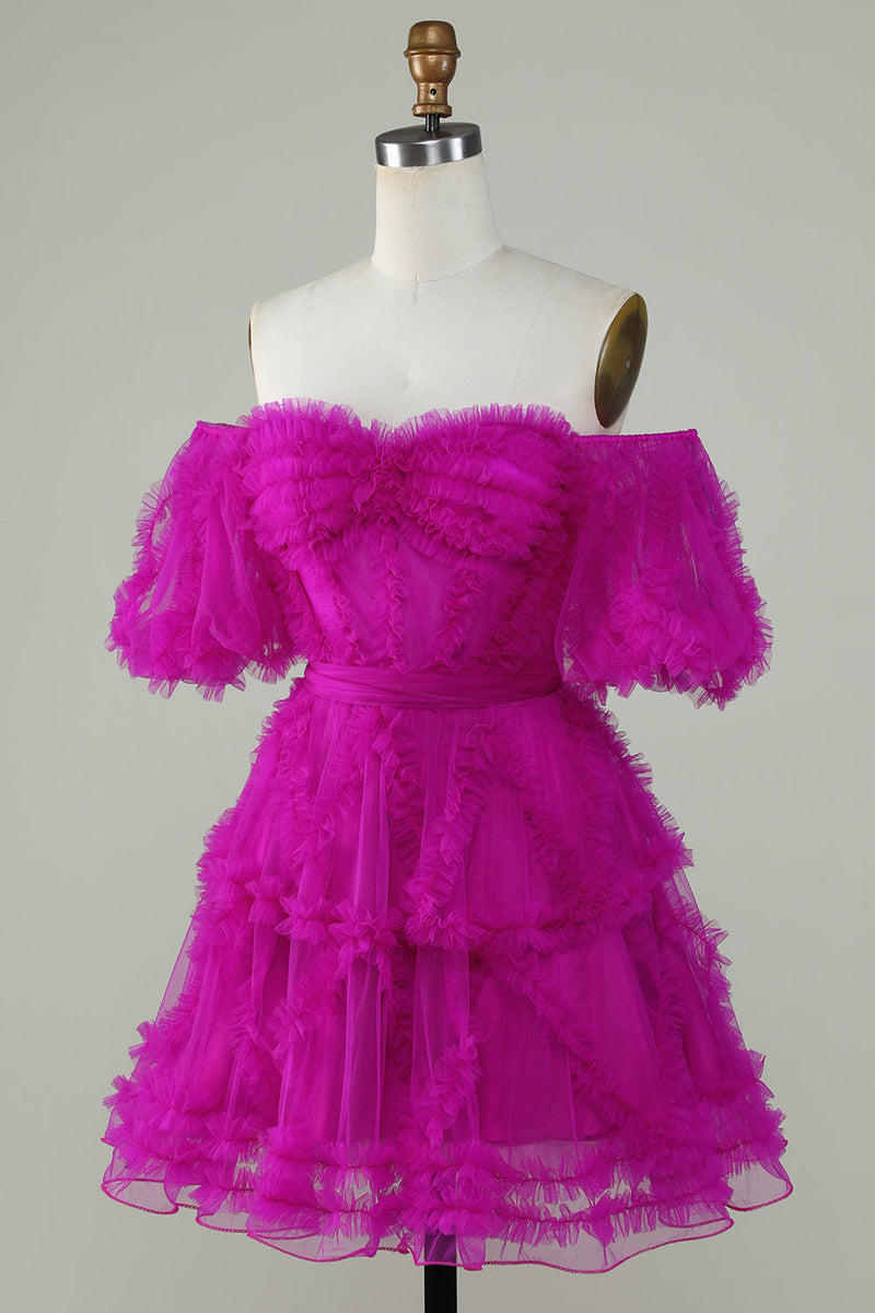Laden Sie das Bild in den Galerie-Viewer, Niedliches schulterfreies rosa Cocktailkleid aus Tüll