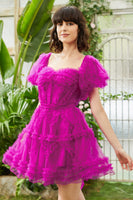 Laden Sie das Bild in den Galerie-Viewer, Stilvolles schulterfreies fuchsia Abiballkleid mit Ärmeln