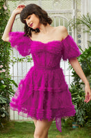 Laden Sie das Bild in den Galerie-Viewer, Stilvolles schulterfreies fuchsia Abiballkleid mit Ärmeln