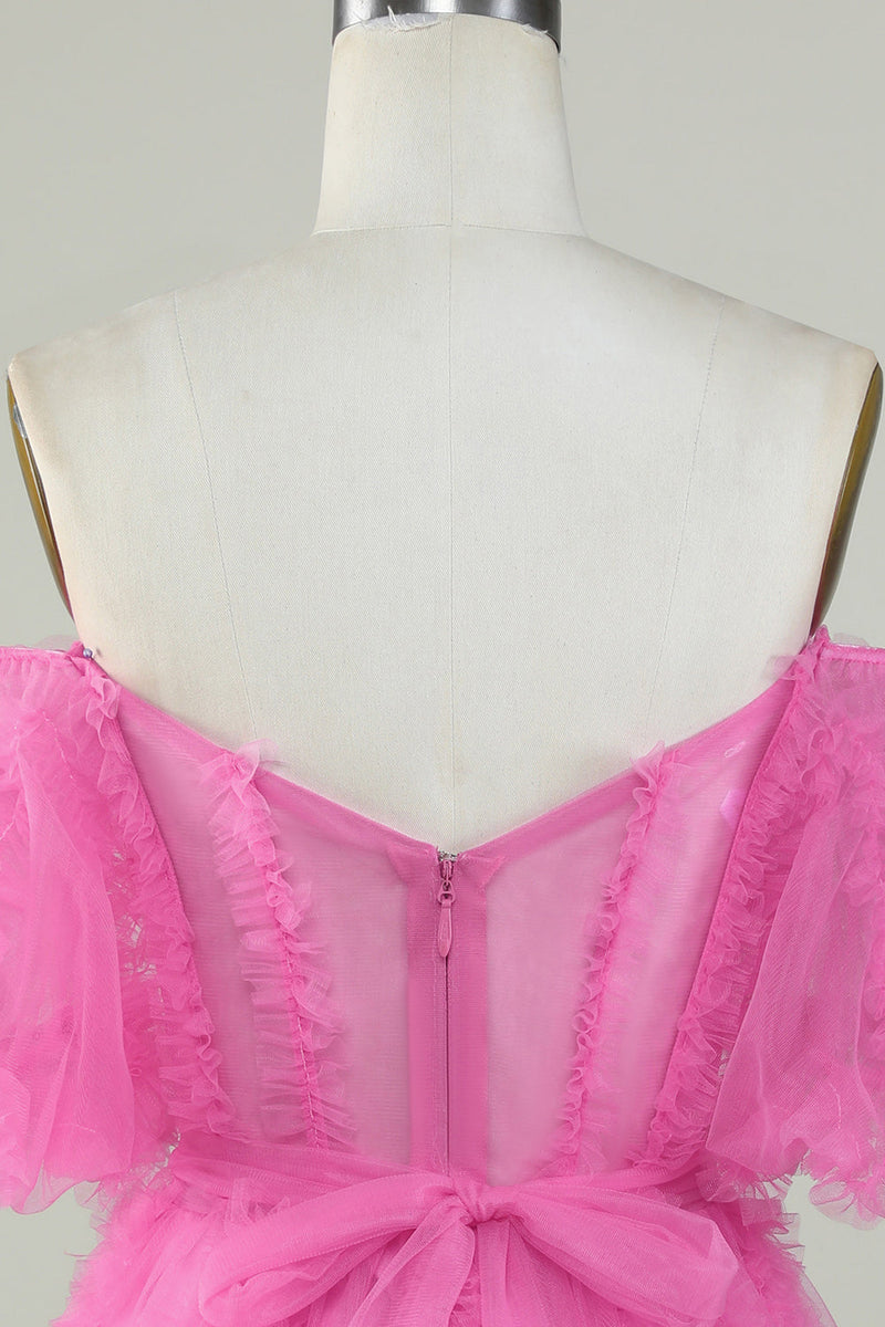 Laden Sie das Bild in den Galerie-Viewer, Niedliches schulterfreies rosa Cocktailkleid aus Tüll
