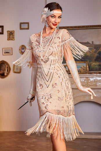 Pailletten Dunkelgrün 20er Charleston Kleid mit Ärmeln
