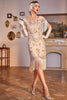 Laden Sie das Bild in den Galerie-Viewer, Pailletten Champagner  Charleston Fransed Flapper Kleid mit Ärmeln