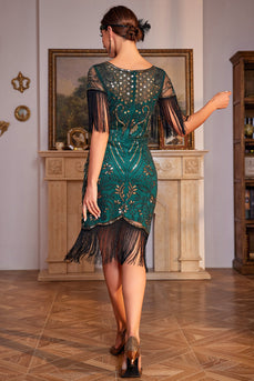 Pailletten Dunkelgrün 20er Charleston Kleid mit Ärmeln