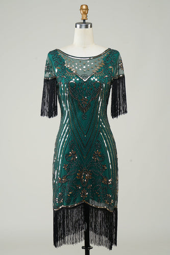 Dunkelgrünes Pailletten Flapper Kleid aus den 1920er Jahren mit Fransen