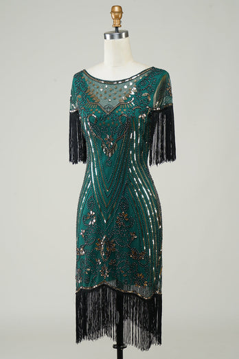 Dunkelgrünes Pailletten Flapper Kleid aus den 1920er Jahren mit Fransen